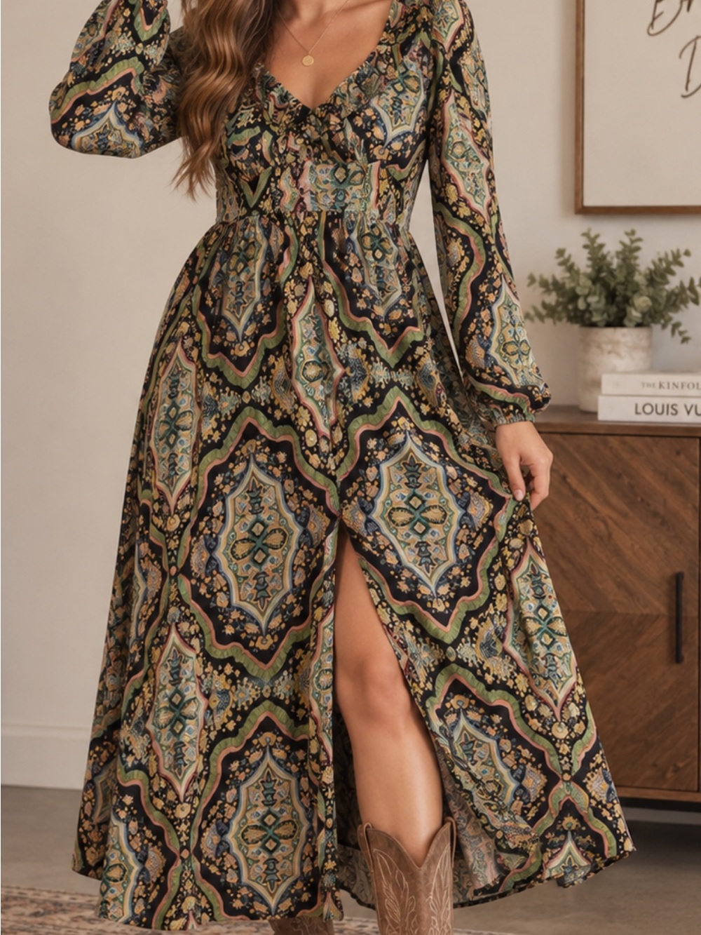 Mango Paisley-Print Maxi Dress in Green and Navy size M great condition